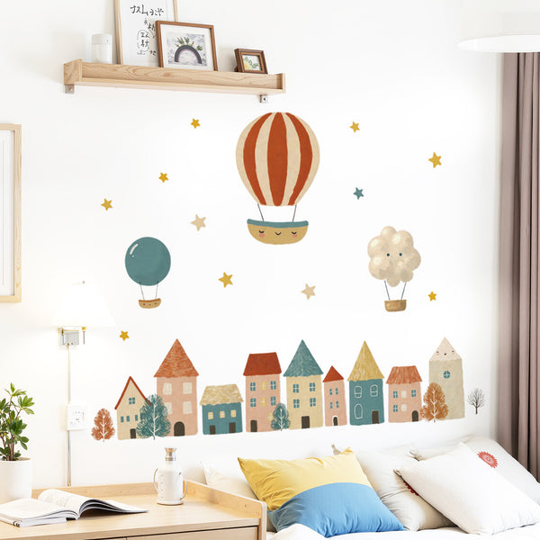 Cross-border cartoon house balloon background wall decoration sticker children's room clouds rainbow cute wall sticker 66064