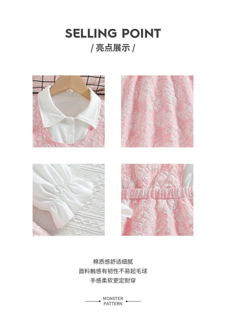 girl cutedresslong sleeves fungus edge shirtpatchwork long skirt pink stereo flower children's a-line skirt
