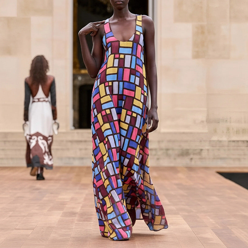summer new women's fashion: european and american style cross-border dress - stylish and elegant geometric print slip maxi dress