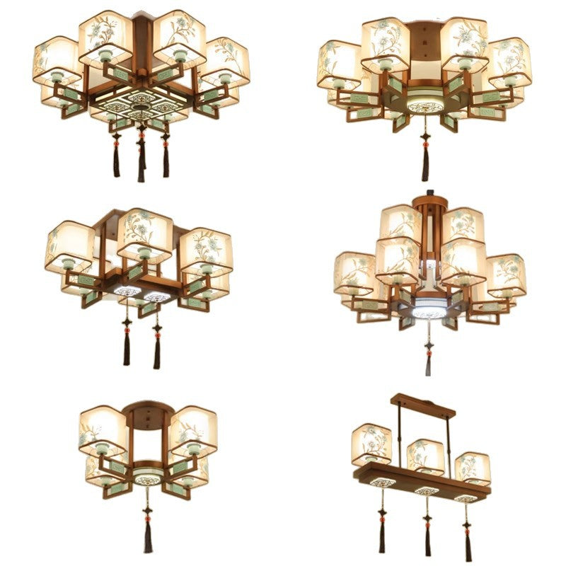New Chinese style bedroom living room ceiling lamp Chinese style atmosphere Zen dining room box tea room embroidery fabric chandelier