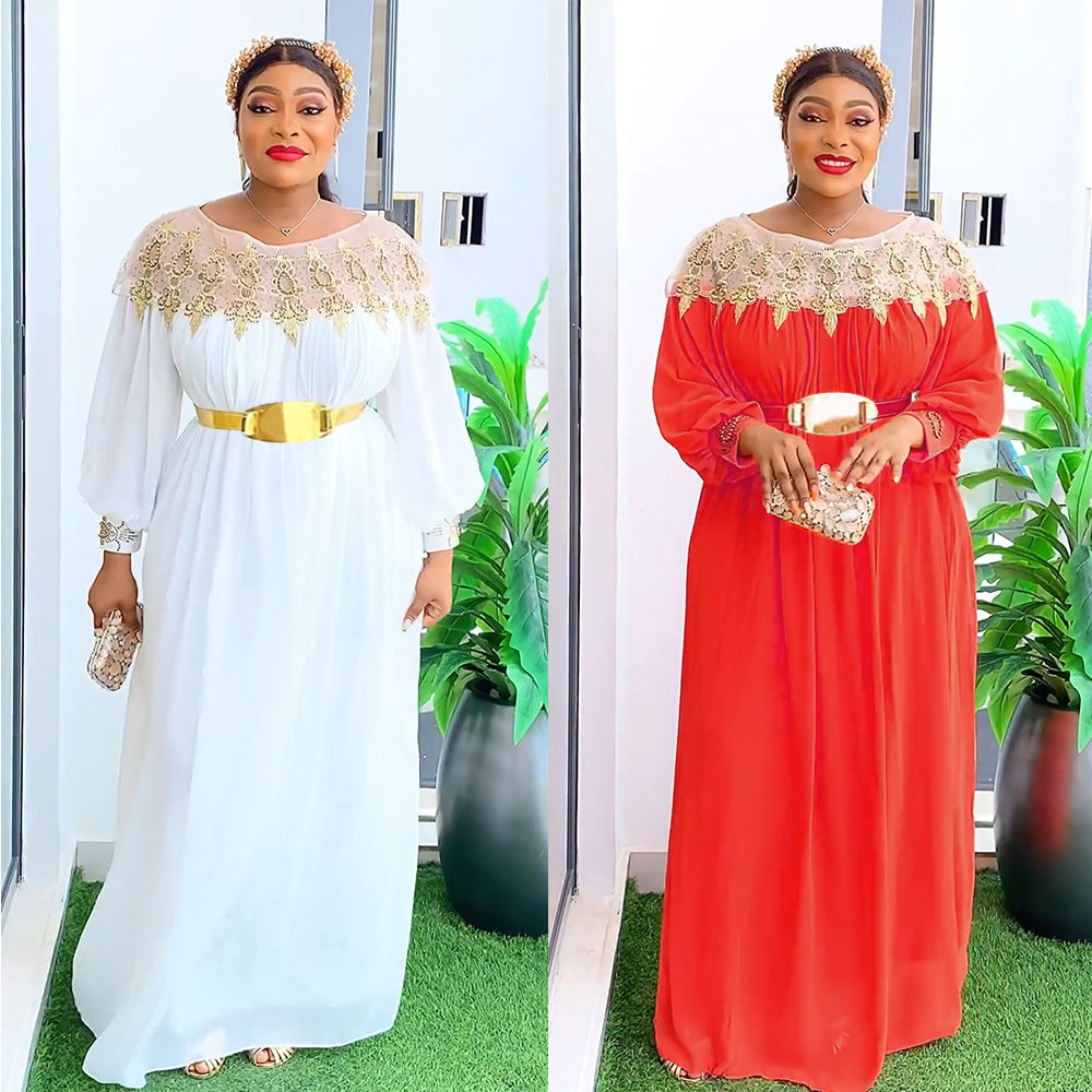 European and american cross-border   plus size women's clothing african solid color maxi dress new style dress with belt