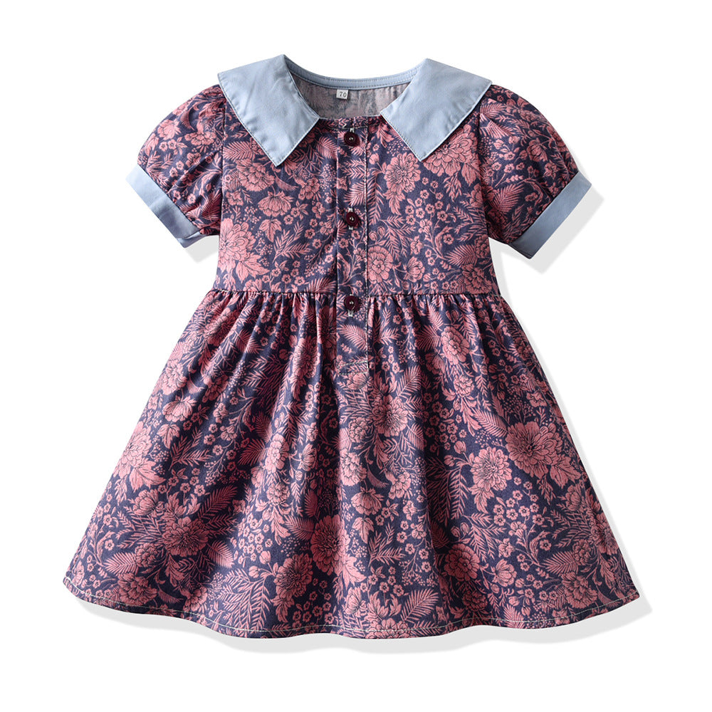 Girls' floral print cotton dress with straw hat - vintage-inspired, chic, and sweet