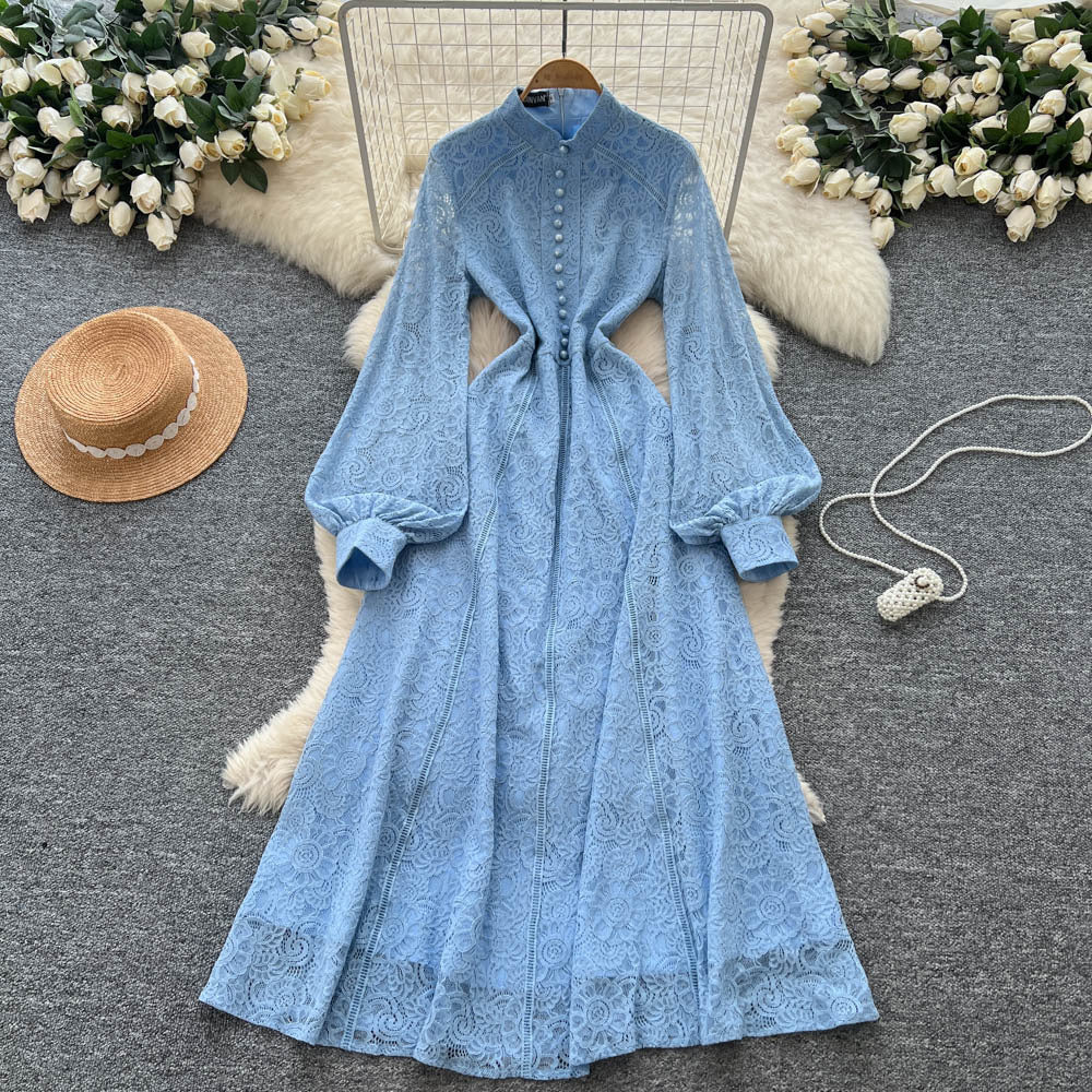 French court style dress - women's autumn 2025 - high-end, single-breasted, waist-cinching, slimming, elegant lace maxi dress