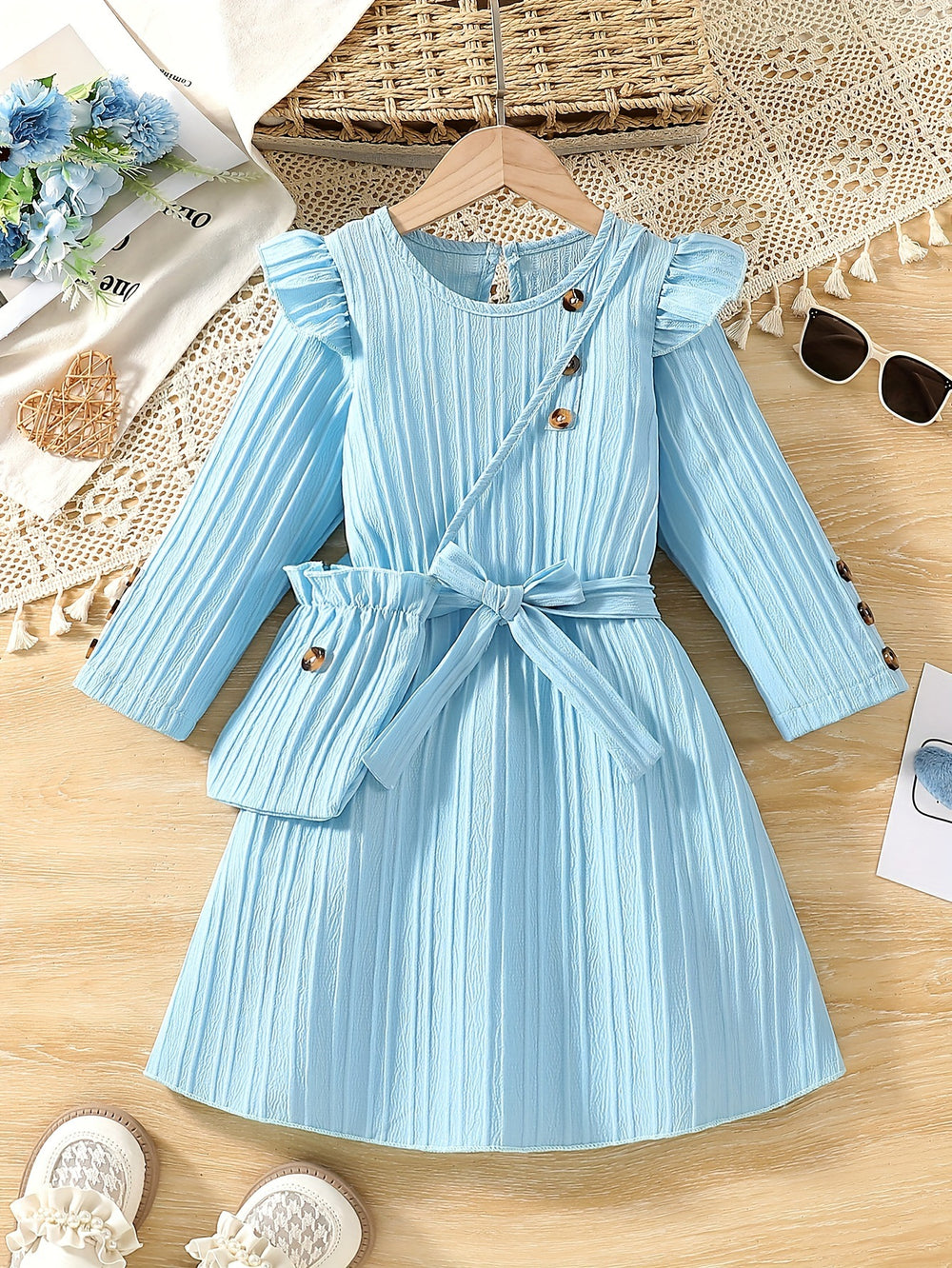 New girls' white long-sleeve dress with lace trim, chanel-inspired waist detail, striped design, and matching crossbody bag - perfect for autumn
