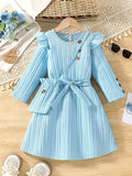 New girls' white long-sleeve dress with lace trim, chanel-inspired waist detail, striped design, and matching crossbody bag - perfect for autumn