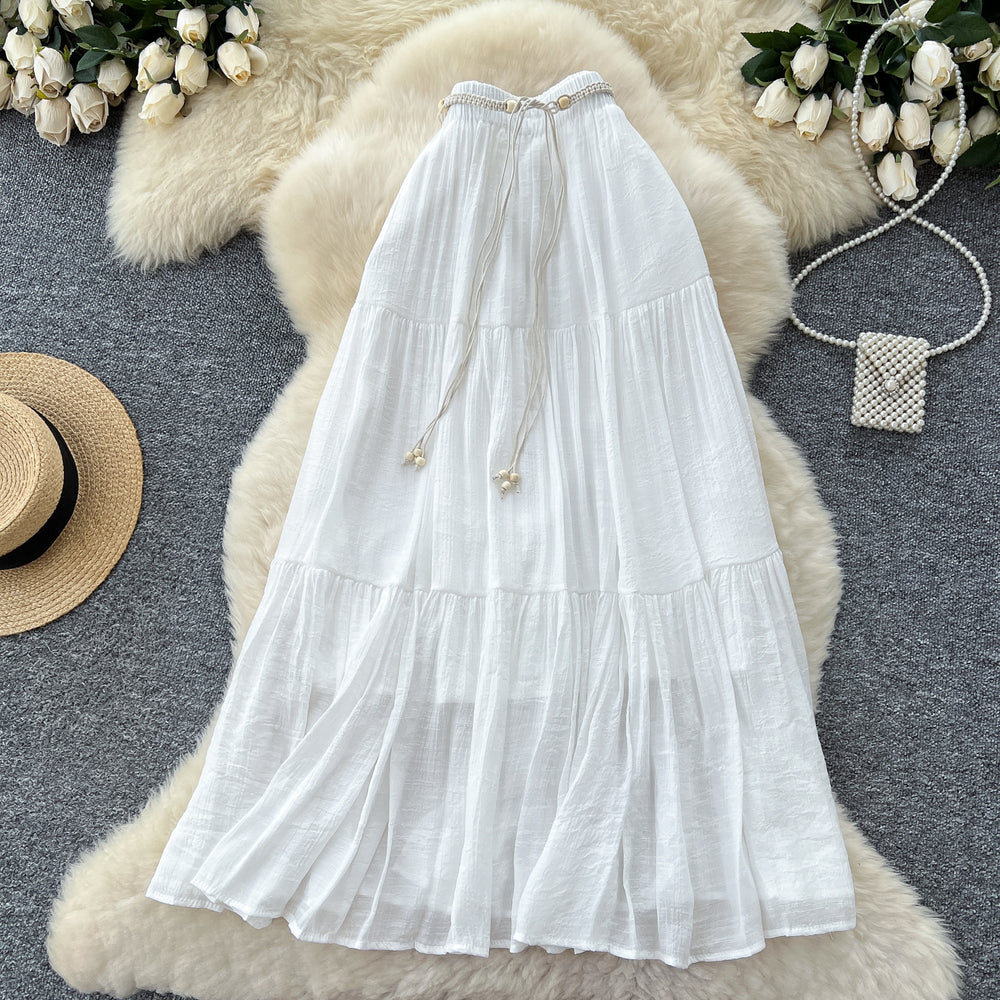 K-stylecasualhigh waisteasiest for match skirt for women summer gentle wind strap waist slimming look elegant large swing skirt
