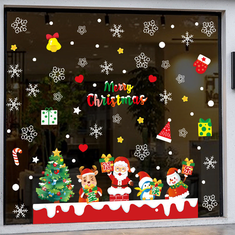 Cheerful Christmas decoration glass door sticker shop window scene arrangement Santa snowman no glue static sticker