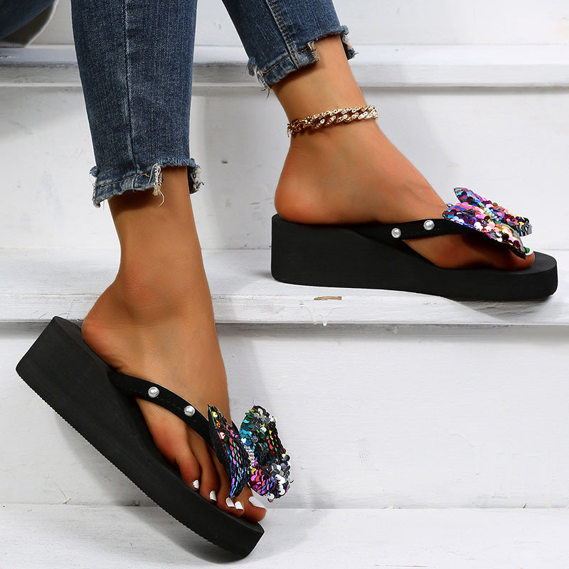 2025 new round-toe flip-flops women's fashion export plus size rhinestone bow minimalist beach sandals