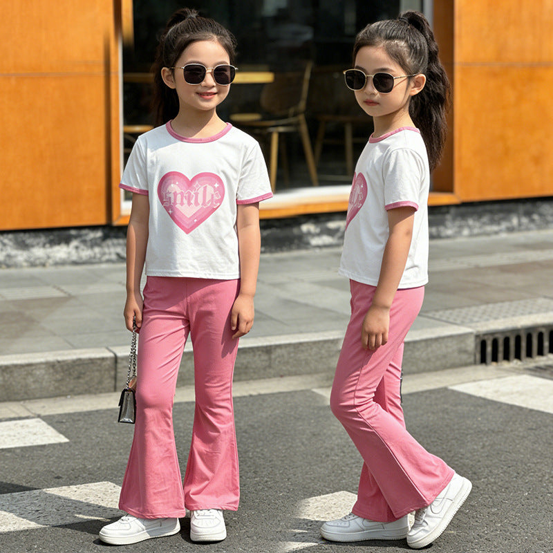 new girls' heart print short sleeve two-piece set - stylish and versatile middle school flare pant girl's outfit - chic and trendy