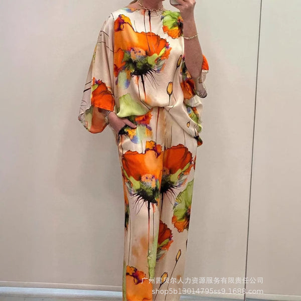 LZR19300A Women's Fashion Bat Sleeve Top + Elastic Waist Wide Leg Pants Set