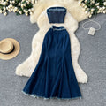 American hot girl outfit: sexy frayed sleeveless bandeau top with high-waisted fishtail denim skirt two-piece set