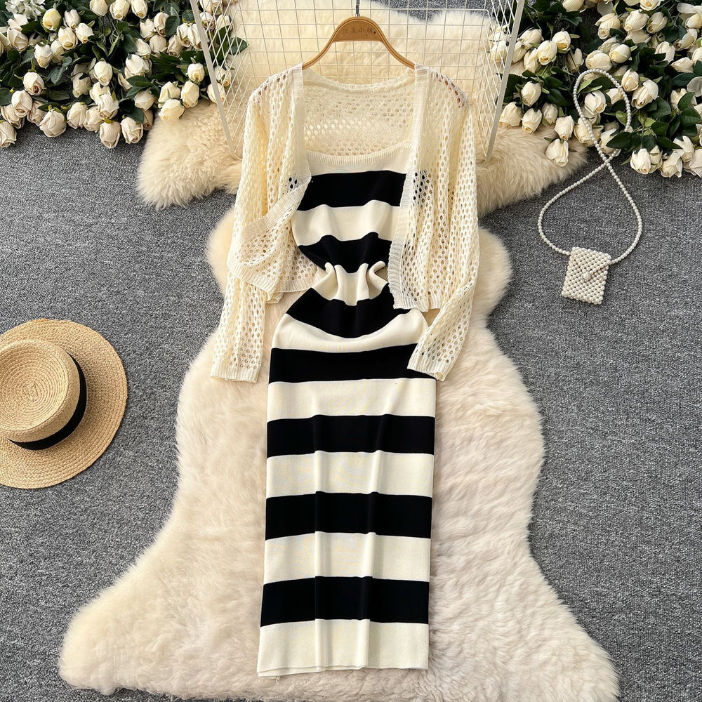 Striped knit cami dress + crochet openwork sun protection cardigan set - chic & elegant summer outfit for women