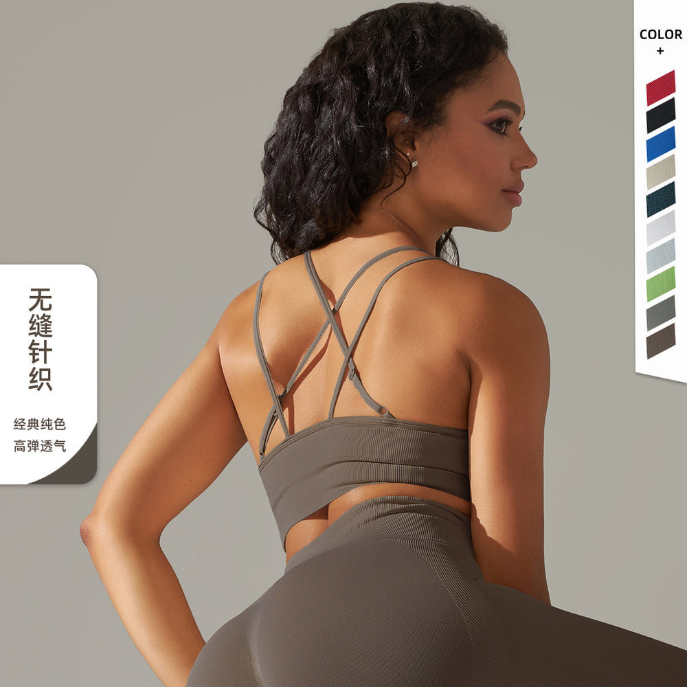 Fashion cross-border seamless knittingpure color beautiful back breathable cross sports intimates running fitness yoga bra tops
