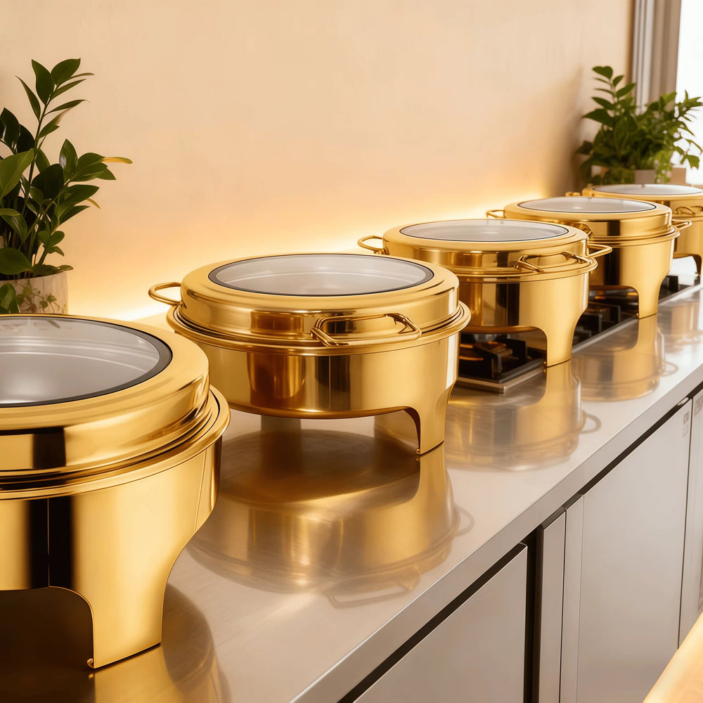 Round stainless steel buffet warming cabinet set with see-through glass lid, commercial grade for hotels, 6l capacity - in stock