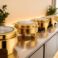 Round stainless steel buffet warming cabinet set with see-through glass lid, commercial grade for hotels, 6l capacity - in stock