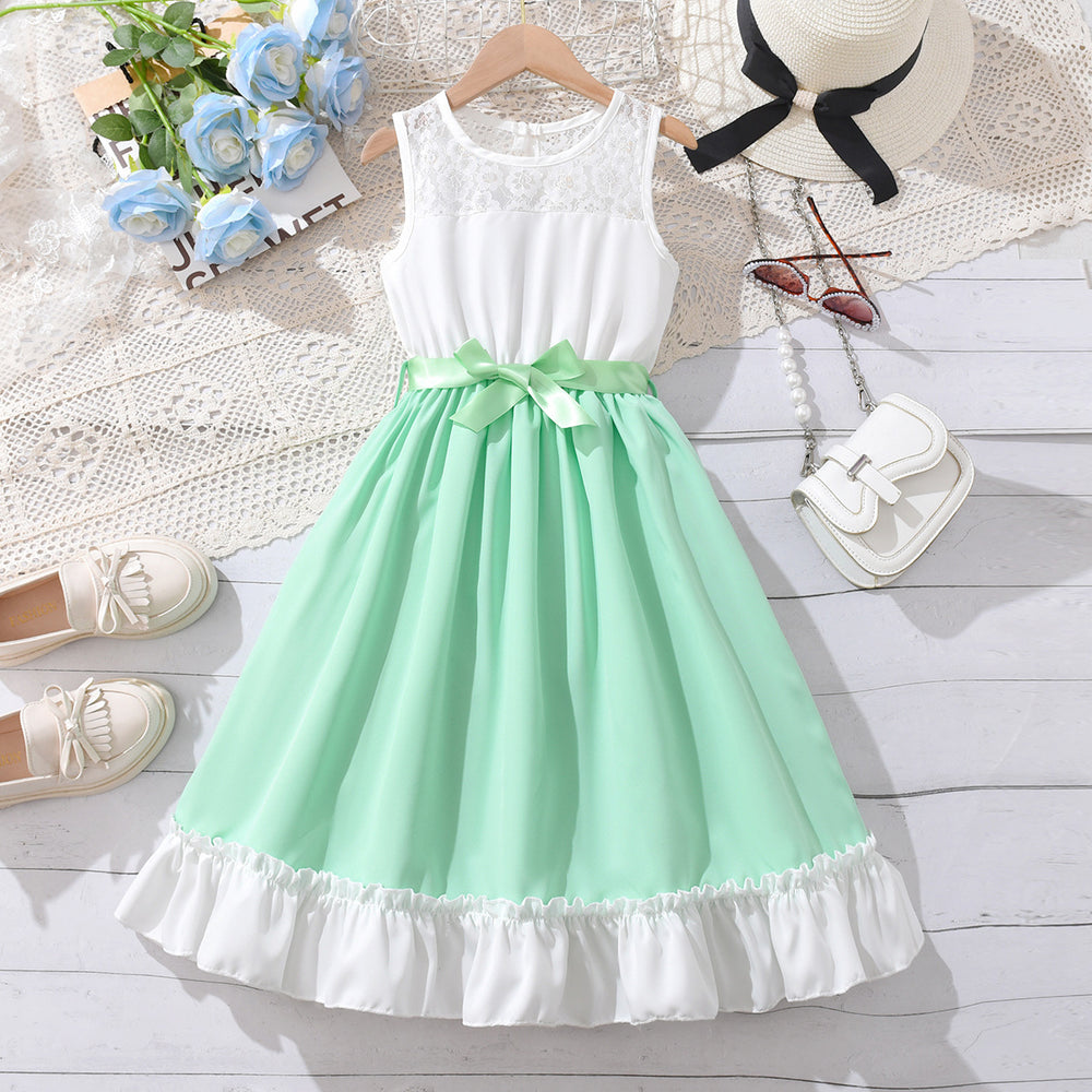 summergirldress sleeveless vest patchwork pink a-line skirt fungus edge hem kids long skirt