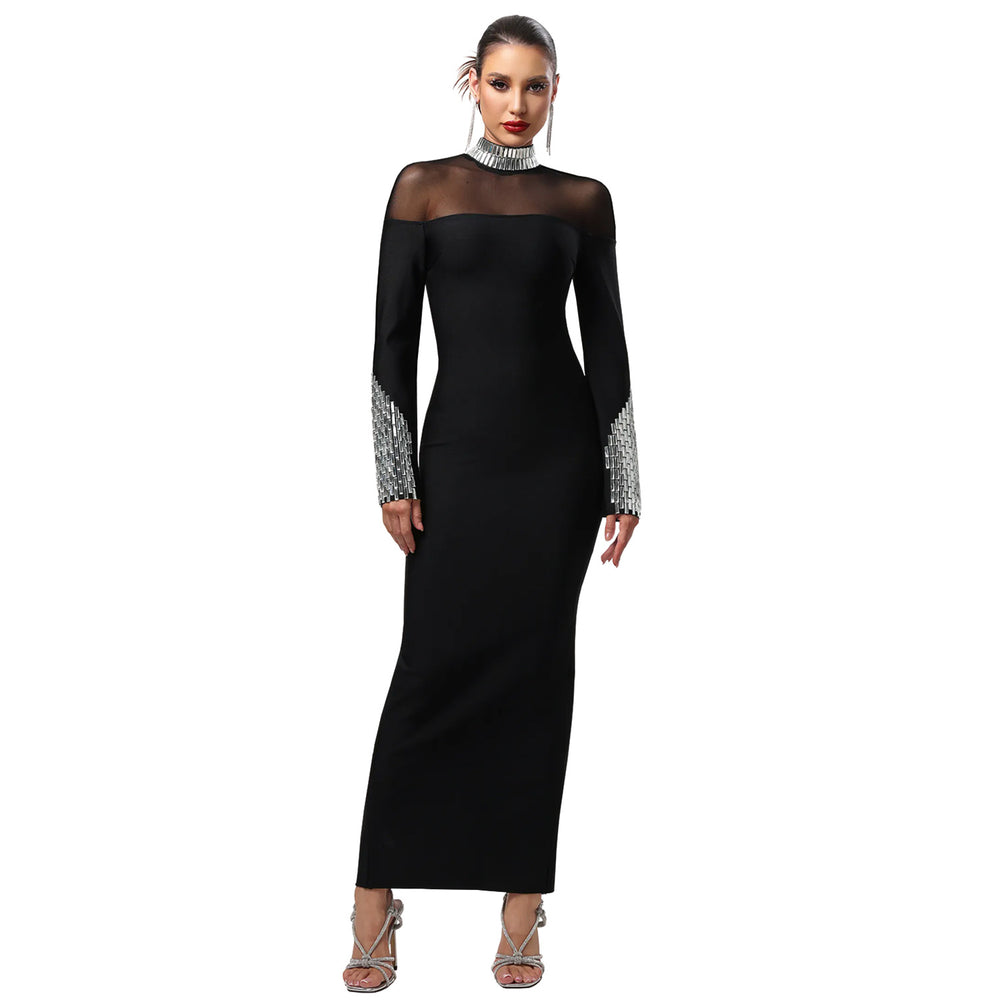 C7592 cross-border   fashion women's elegant high neck rhinestone exquisite high-end dress