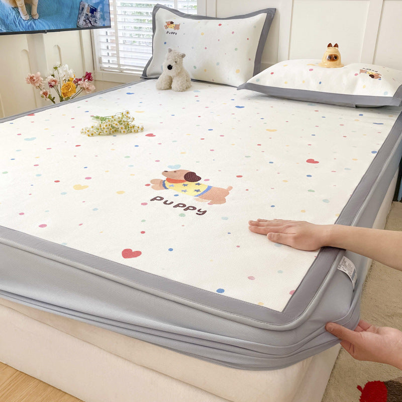Summer ice rattan mat three-piece cartoon mattress foldable embroidered ice silk mat can sleep naked air conditioner soft mat
