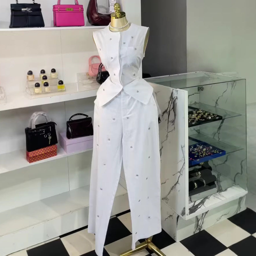 Fashion cross-border women's clothing  summer new arrivalelegant round neck sleeveless diamond-encrusted vest vest high waistpantssuit