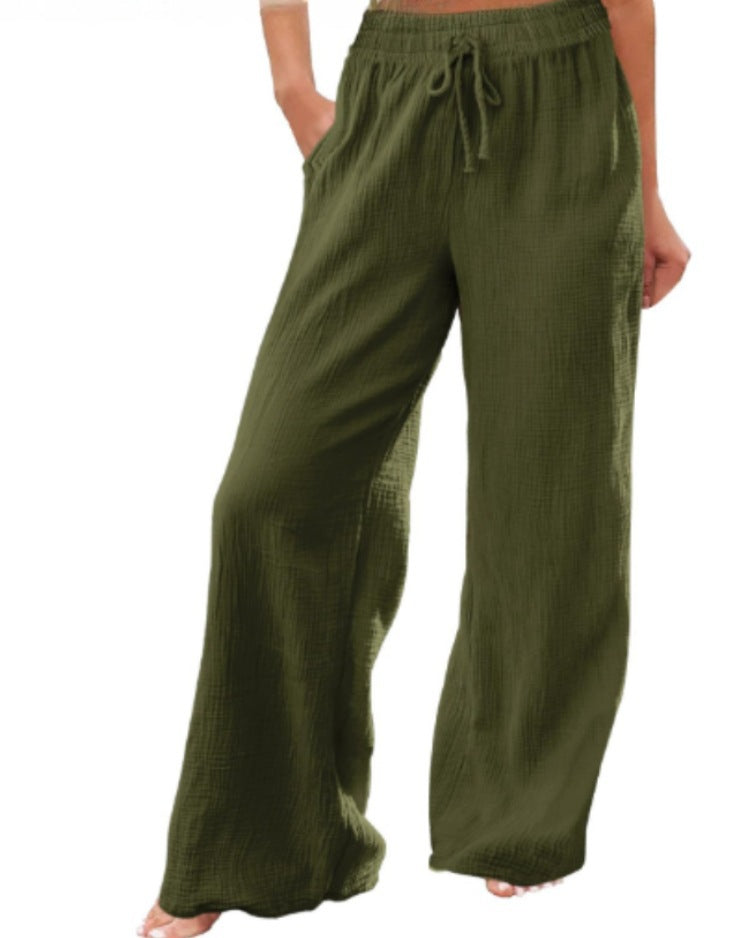 women's cross-border loose solid color drawstring casual pants - european and american style, versatile textured high-waisted wide leg trousers for work and leisure
