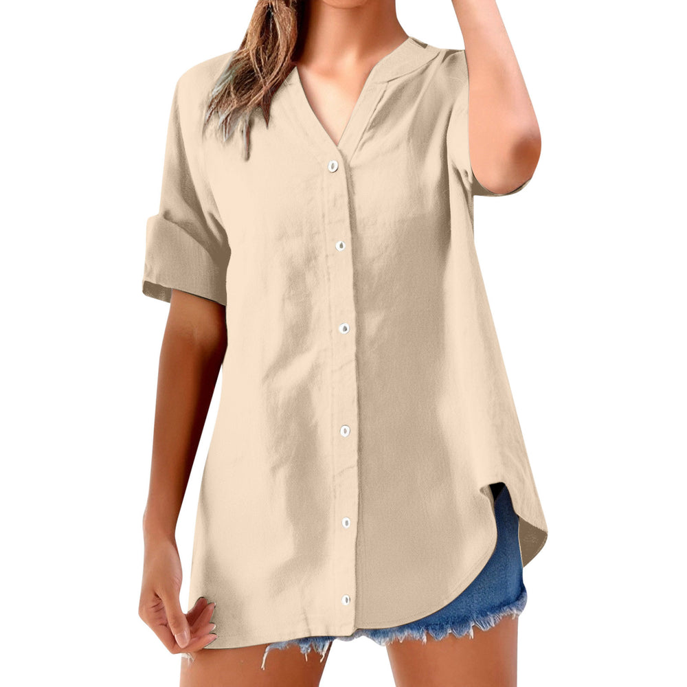cross-border women's casual solid color stand collar button-down short sleeve shirt top