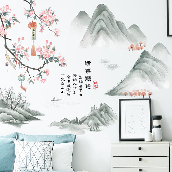 Chinese flower plant wall sticker landscape background sticker living room sofa decoration self-adhesive sticker ink wall sticker