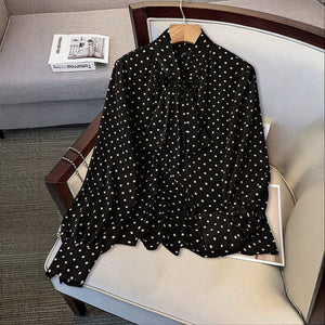 plus size retro polka dot ribbon tie blouse - bow collar, bubble sleeves, tummy control, versatile chiffon shirt
