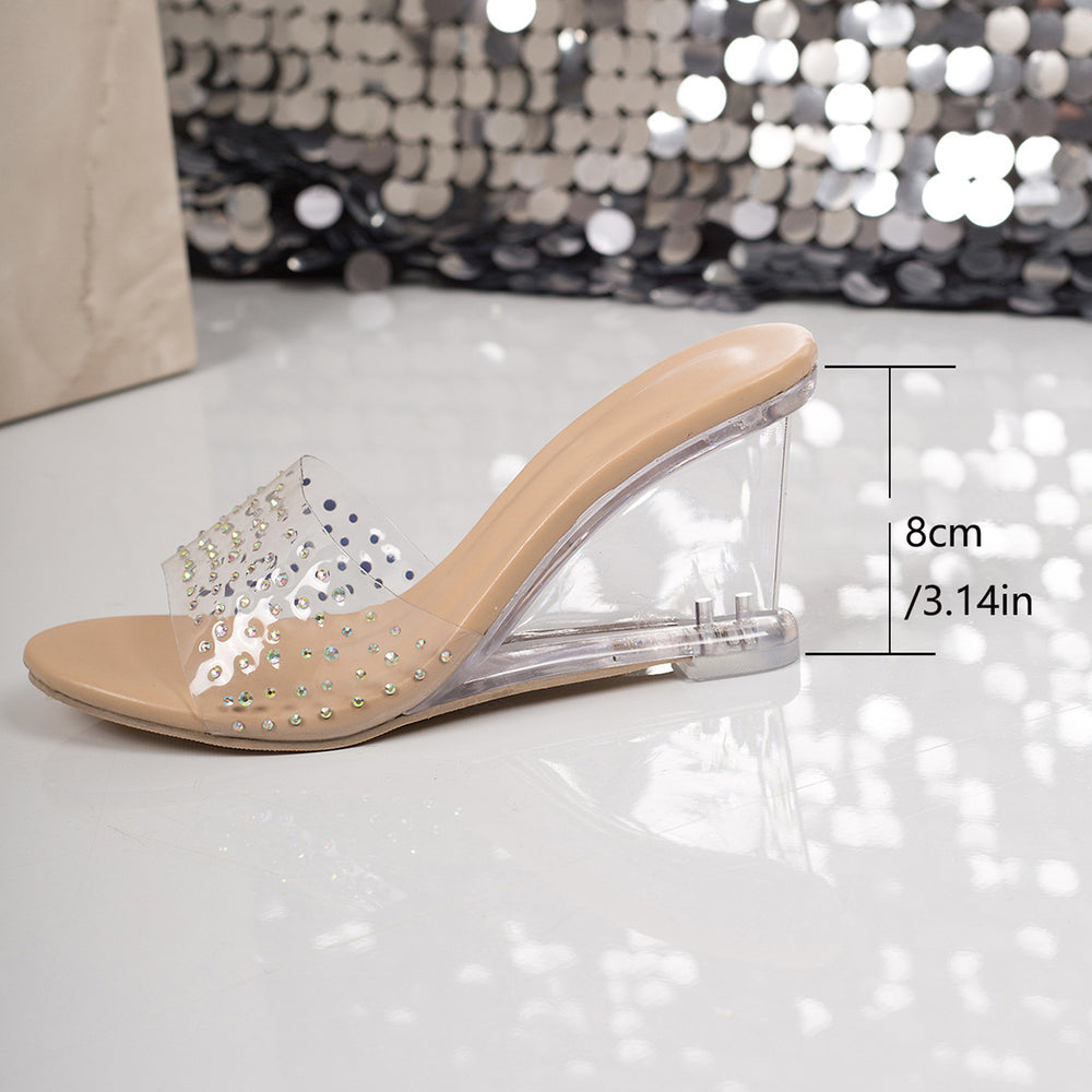 plus size 2026 summer new crystal wedge heel fairy style transparent sandals french versatile round toe high heels