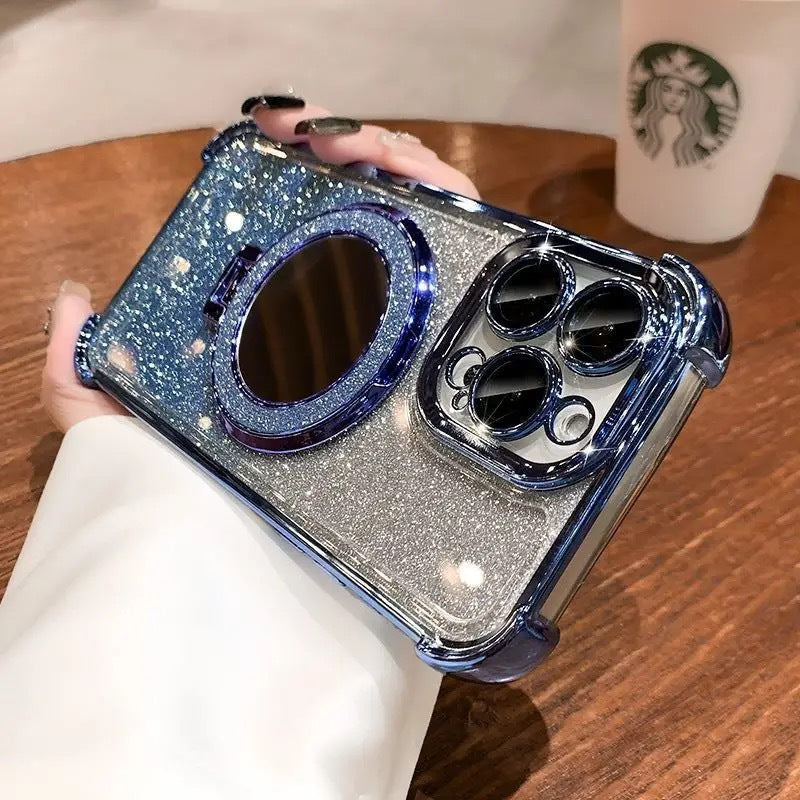 Glitter mirror magnetic stand iphone 17 case, compatible with apple 15, minimalist four-corner transparent electroplated soft case