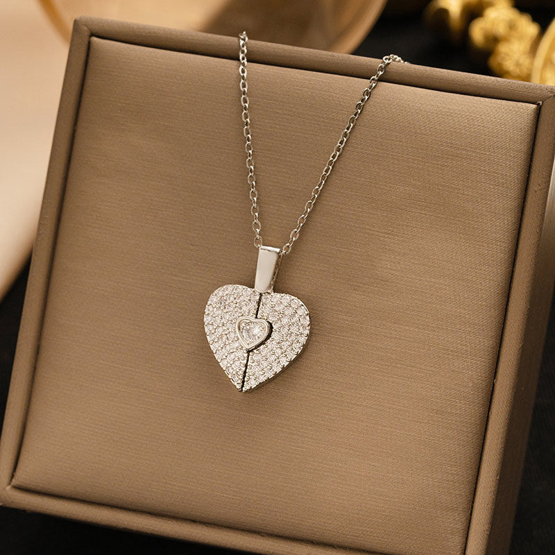 New arrivalstylish copper inlaid zirconium heart opening and closing necklace for women summereasiest for matchelegantniche style titanium steel clavicle chain jewelry