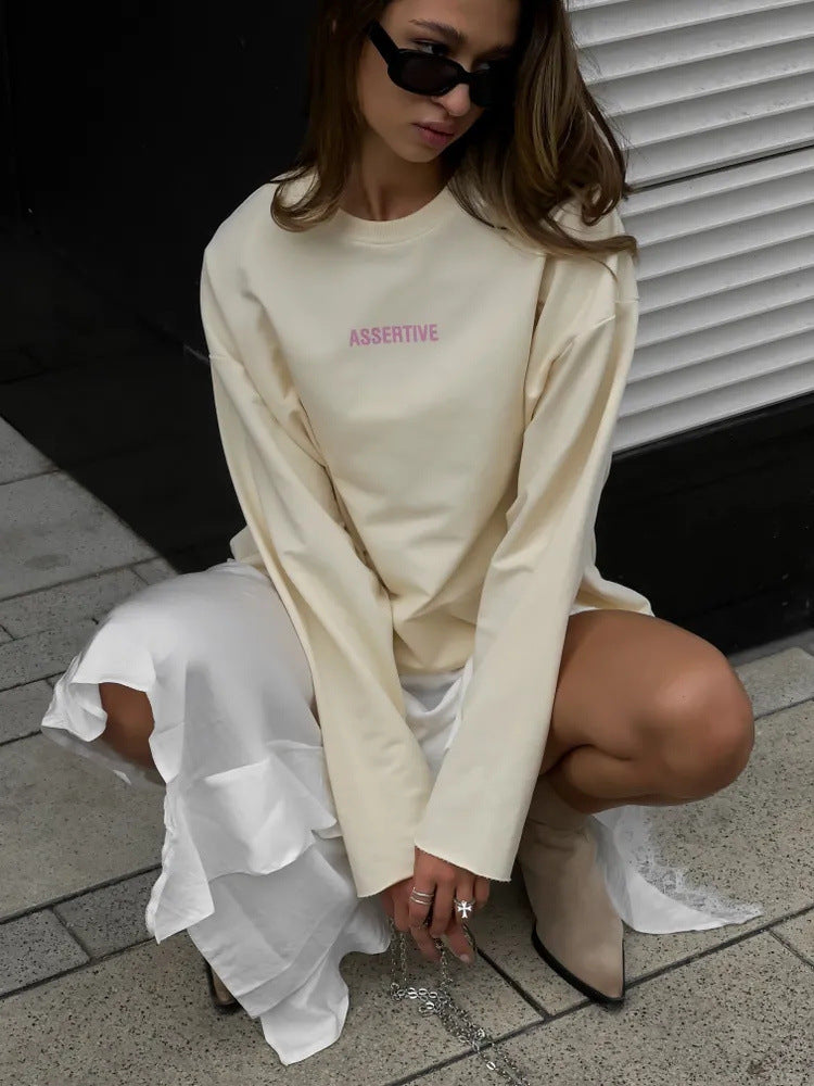 European and American  women's clothing spring and summer loose solid color Oversize round neck long-sleeved casual T-shirt fashion sweater