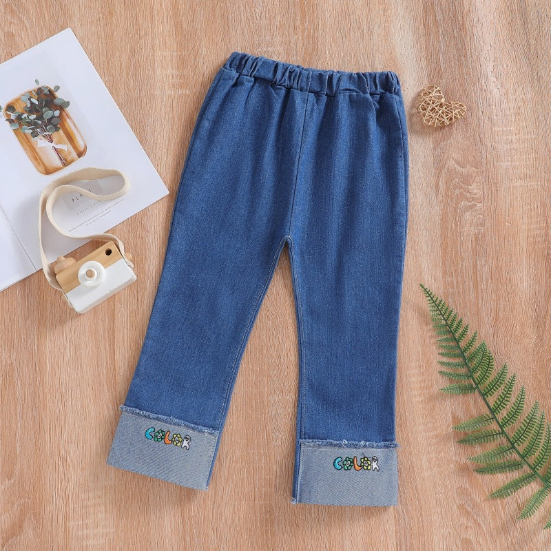 spring/autumn girls' casual embroidered denim fashion pants - korean style, trendy cartoon jeans for toddlers and children