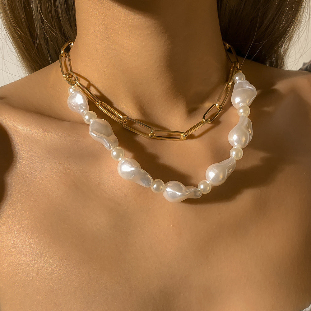 Simple and elegant special-shaped imitation pearl necklace, cool style multi-layer chain necklace, fashion cross-border