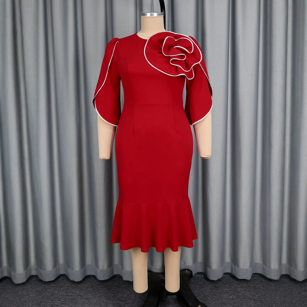 fashion red stereo flower dress ruffles waist silm banquet hip-covering mermaid dress dress