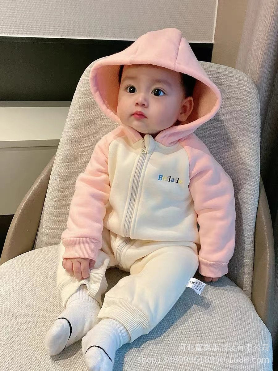 Baby autumn clothes one-piece small maruko raglan sleeves fleece-lined hooded one-piece rompers newborn spring & fall pajamas