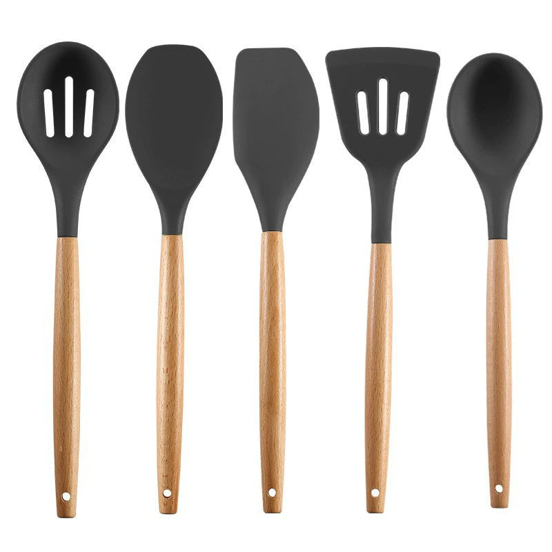 Cross-border twelve-piece set of colored wooden handle silicone kitchenware set to store food-grade high temperature resistant spatula spoons in stock