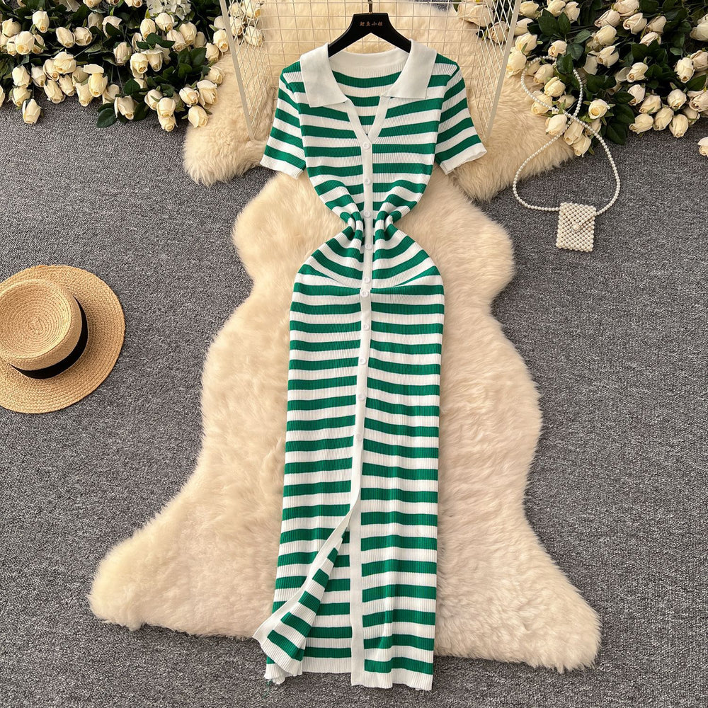 Korean chic retro socialite color block lapel single-breasted striped knit dress - slimming maxi dress