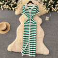 Korean chic retro socialite color block lapel single-breasted striped knit dress - slimming maxi dress