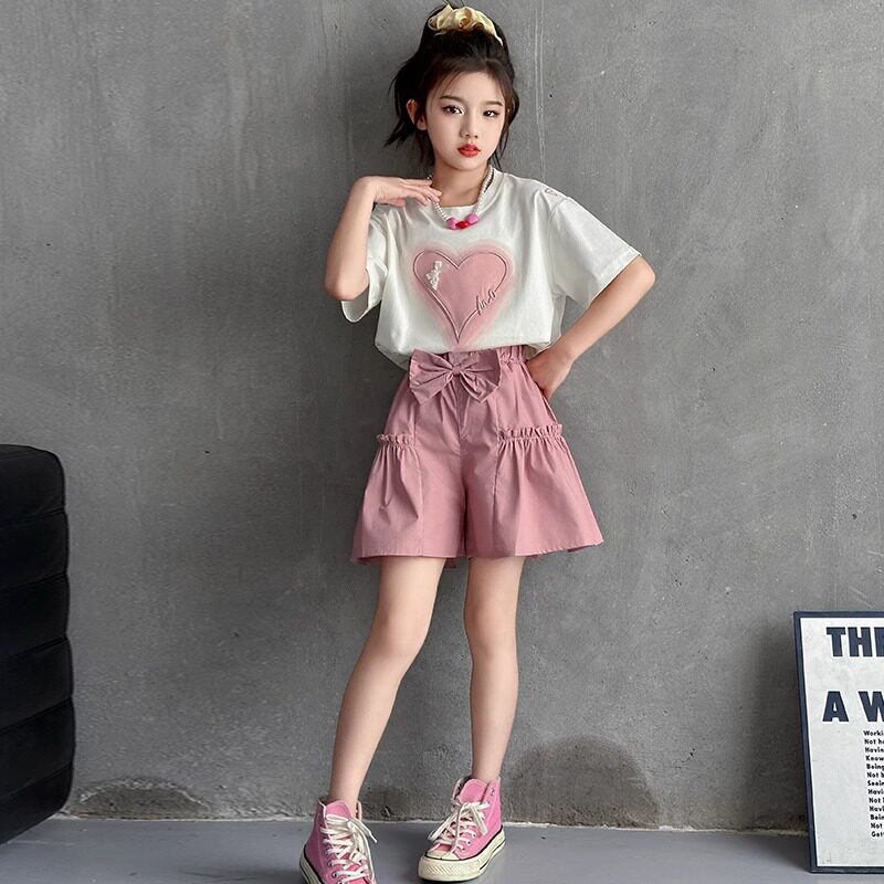 Girls' summer korean style outfit  new casual girl's short sleeve and shorts two-piece set student sweet t-shirt