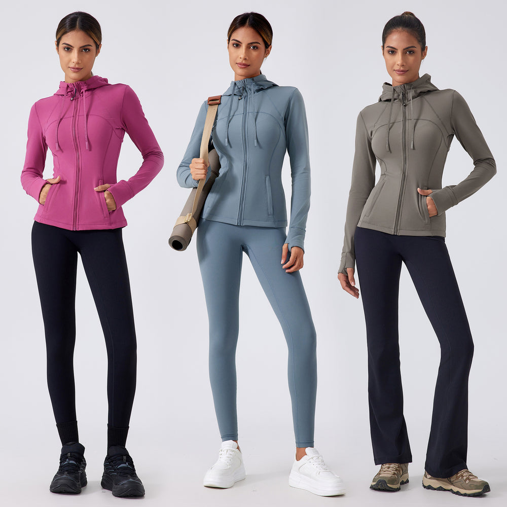 New women's fleece-lined yoga jacket - slim fit, tight-fitting, hooded activewear top for running and fitness - daw179