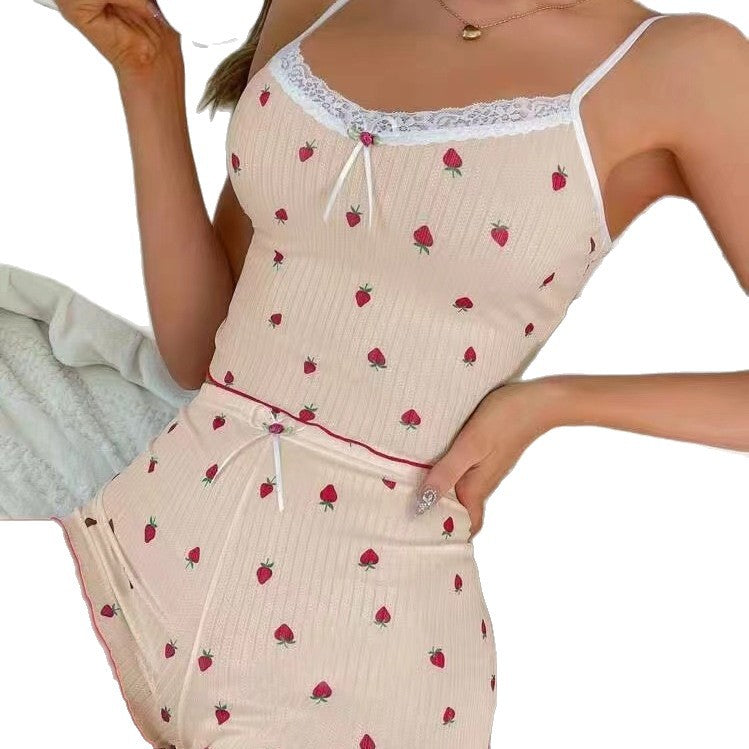 Summernew arrivalfashionplus sizeprinting pit home ladies bows suspender shortsstrawberryprintingtwo-piece set