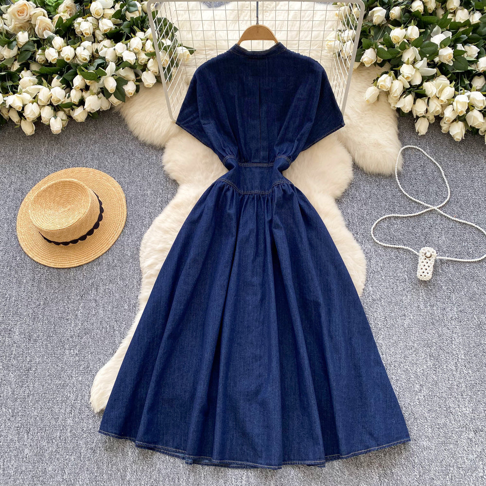 High-end women's dress:  summer collection - sophisticated deep v-neck, cinched waist, button-down, slim-fit, pleated casual denim dress