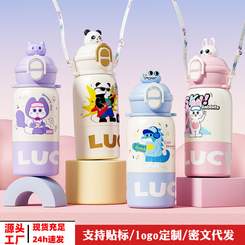 Cute pet-themed kids' insulated water bottle - 316 stainless steel, fresh straw cup with tea infuser lid, perfect for students, boys & girls