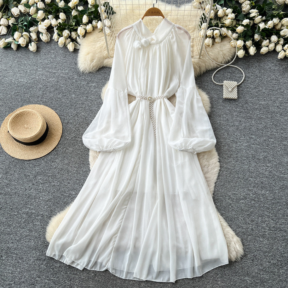 French heavy industry lantern sleeve silm dress for women k-style purple tie back waist a-line long skirt work clothingelegant