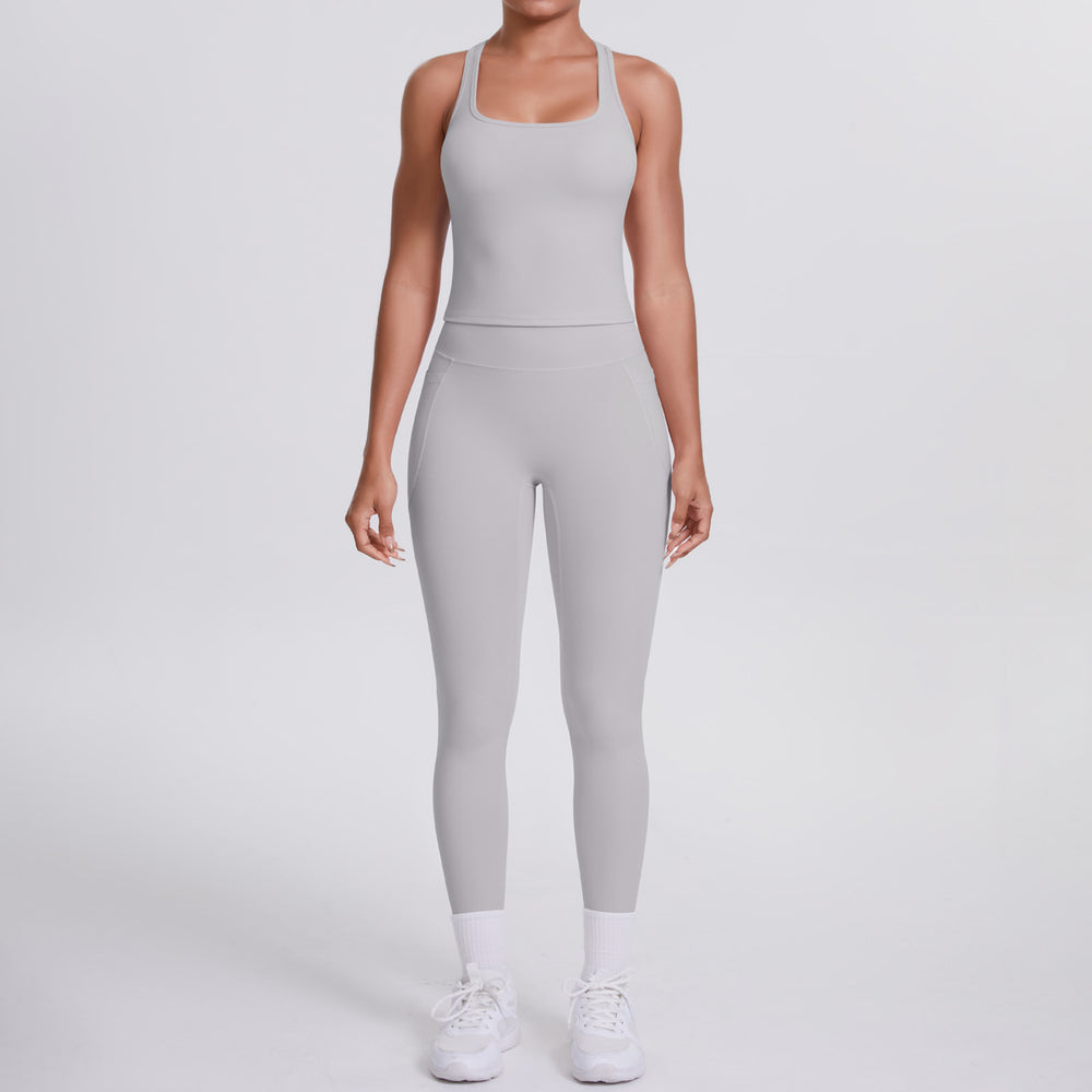 Naked-feel, form-fitting yoga set featuring a racerback design, high-waisted leggings with butt-lifting effect, and pockets. perfect for outdoor activities, casual wear, running, and gym workouts
