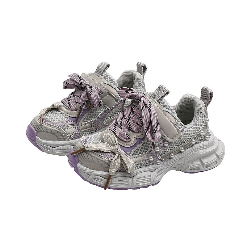 Vancahao kids' sneakers:  autumn new korean style girls' fashion pearl chunky sneakers, breathable running shoes