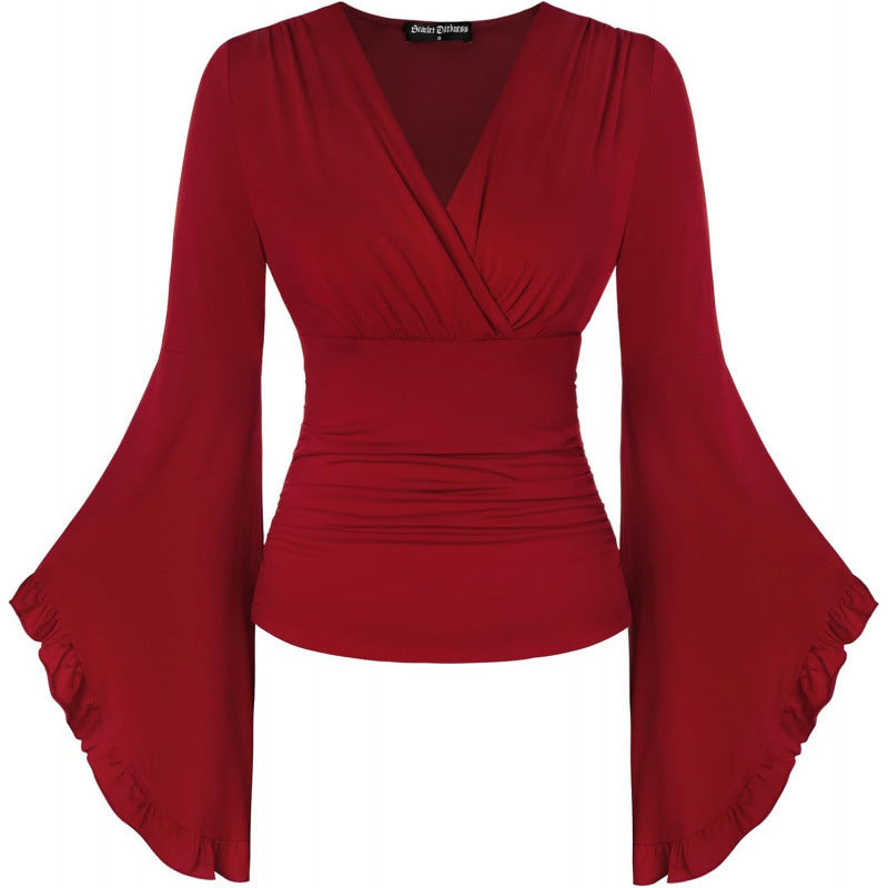 Amazon fashion pure desire v neck bell sleeve shirt  spring new style wrapped casual ruffle tops