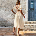 european and american style sexy backless slit square neck puff sleeve elegant french dress a-line classic style