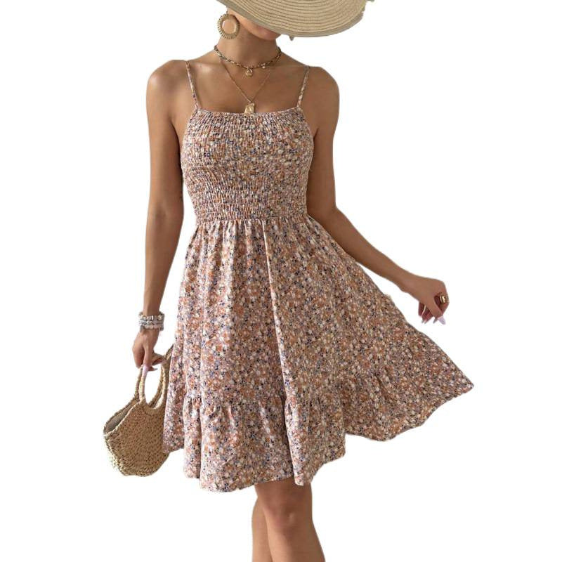 fashion  summer new arrival holiday floral pleated ruffles casual suspender dress for women