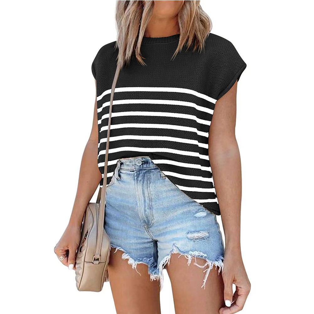 2024 summer new  European and American women's clothing  women's crew neck top thick needle casual striped sweater